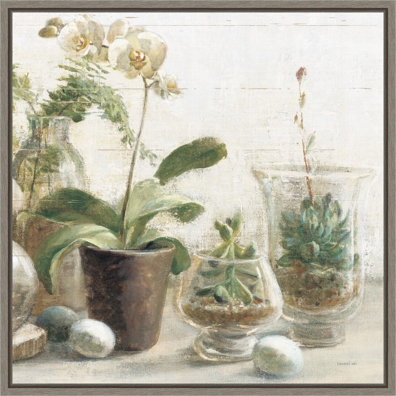 Greenhouse Orchids on Shiplap III by Danhui Nai 16-in. W x 16-in. H. Canvas Wall Art Print Framed in Grey
